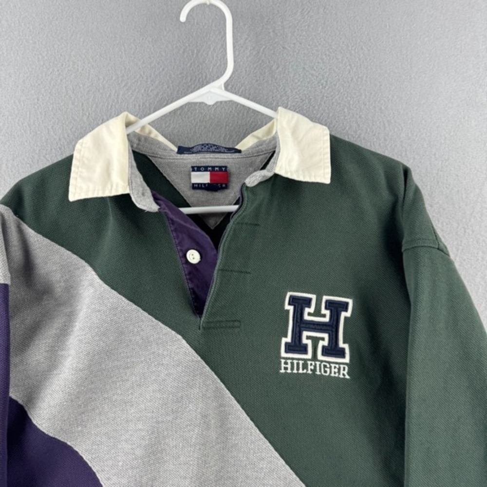 Tommy Hilfiger Rugby Shirt Mens Large Green Cotton 90s Long Sleeve Polo‎ - Picture 2 of 14